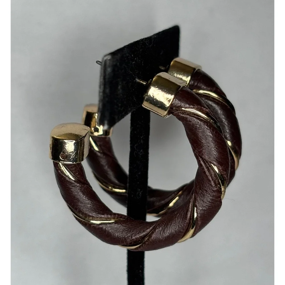 Vintage Dark Brown Faux Leather Gold Tone Twisted Hoop Earrings Post Back